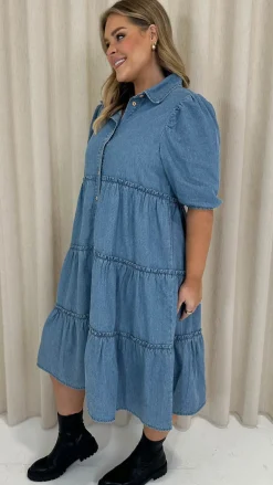 CurveWow Chambray Tiered Shirt Dress