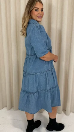 CurveWow Chambray Tiered Shirt Dress