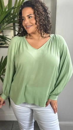 CurveWow Cheese Cloth Vneck Top Green