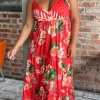 CurveWow Cherry Red Tropical Wrap Bust Maxi Dress
