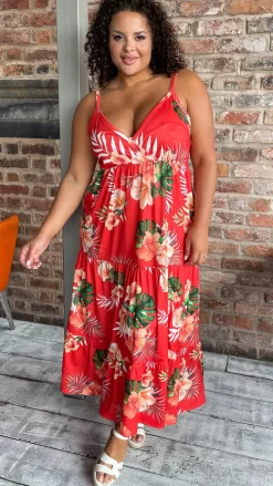 CurveWow Cherry Red Tropical Wrap Bust Maxi Dress