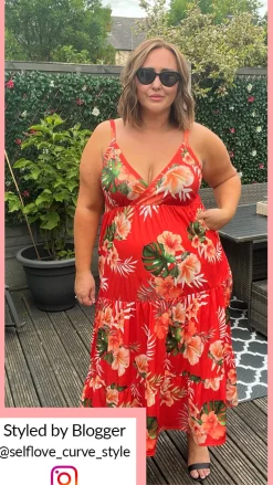 CurveWow Cherry Red Tropical Wrap Bust Maxi Dress