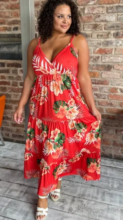 CurveWow Cherry Red Tropical Wrap Bust Maxi Dress