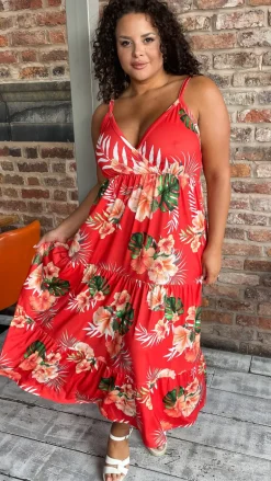 CurveWow Cherry Red Tropical Wrap Bust Maxi Dress