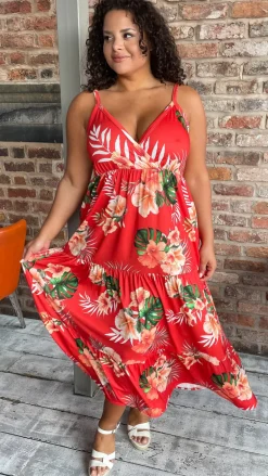 CurveWow Cherry Red Tropical Wrap Bust Maxi Dress