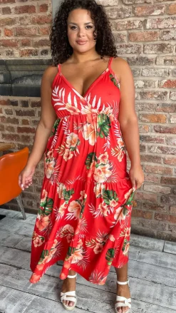 CurveWow Cherry Red Tropical Wrap Bust Maxi Dress