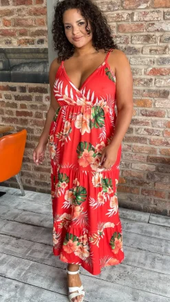 CurveWow Cherry Red Tropical Wrap Bust Maxi Dress