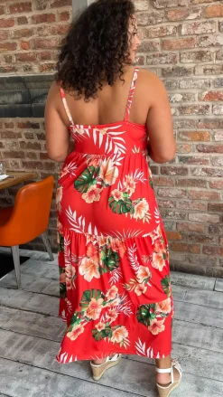 CurveWow Cherry Red Tropical Wrap Bust Maxi Dress