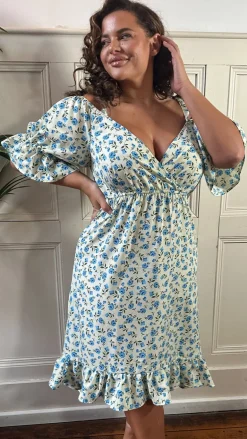 CurveWow Cold Shoulder Frill Dress Blue Ditsy