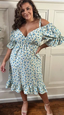CurveWow Cold Shoulder Frill Dress Blue Ditsy
