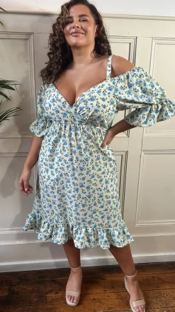 CurveWow Cold Shoulder Frill Dress Blue Ditsy