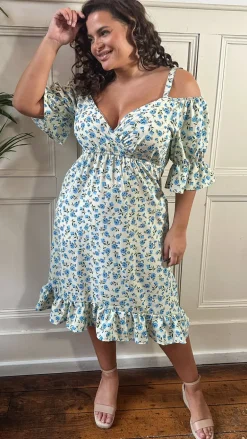 CurveWow Cold Shoulder Frill Dress Blue Ditsy