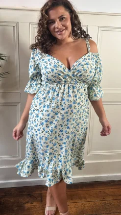 CurveWow Cold Shoulder Frill Dress Blue Ditsy