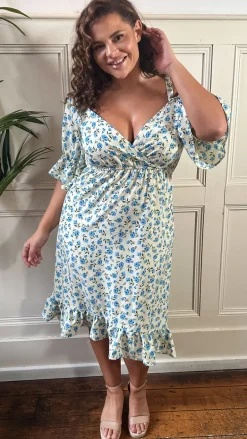 CurveWow Cold Shoulder Frill Dress Blue Ditsy