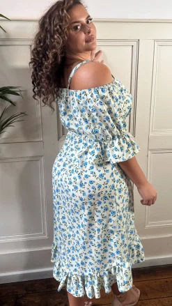 CurveWow Cold Shoulder Frill Dress Blue Ditsy