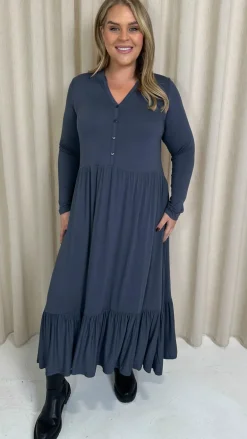 CurveWow Collared Button Smock Dress Slate Grey