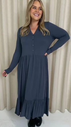CurveWow Collared Button Smock Dress Slate Grey
