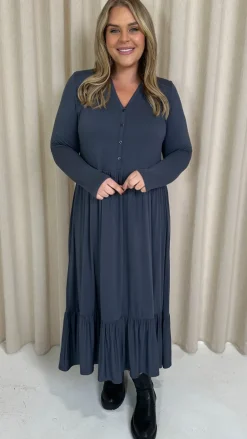 CurveWow Collared Button Smock Dress Slate Grey