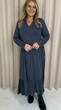 CurveWow Collared Button Smock Dress Slate Grey
