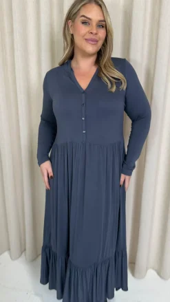 CurveWow Collared Button Smock Dress Slate Grey