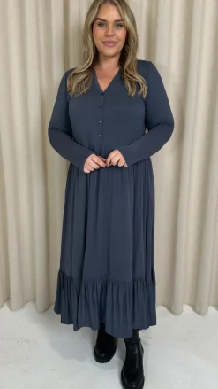 CurveWow Collared Button Smock Dress Slate Grey