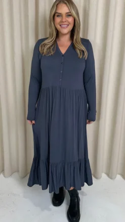CurveWow Collared Button Smock Dress Slate Grey