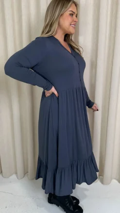 CurveWow Collared Button Smock Dress Slate Grey