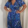 CurveWow Collared Wrap Printed Midi Dress Blue Animal