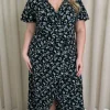 CurveWow Collared Wrap Printed Midi Dress Black Floral