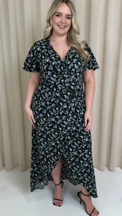 CurveWow Collared Wrap Printed Midi Dress Black Floral
