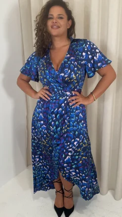 CurveWow Collared Wrap Printed Midi Dress Blue Animal