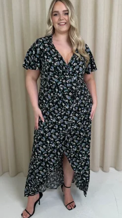CurveWow Collared Wrap Printed Midi Dress Black Floral