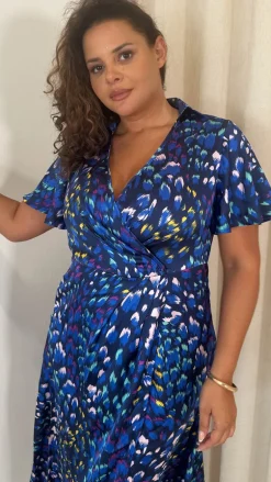 CurveWow Collared Wrap Printed Midi Dress Blue Animal