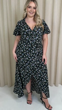 CurveWow Collared Wrap Printed Midi Dress Black Floral
