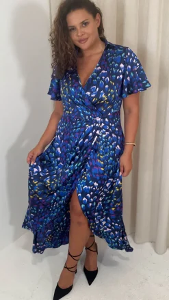 CurveWow Collared Wrap Printed Midi Dress Blue Animal