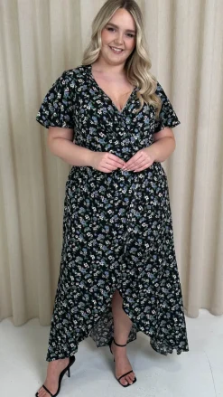 CurveWow Collared Wrap Printed Midi Dress Black Floral