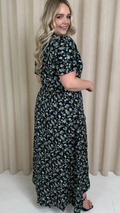 CurveWow Collared Wrap Printed Midi Dress Black Floral