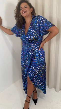 CurveWow Collared Wrap Printed Midi Dress Blue Animal