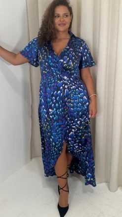 CurveWow Collared Wrap Printed Midi Dress Blue Animal
