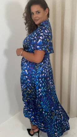 CurveWow Collared Wrap Printed Midi Dress Blue Animal