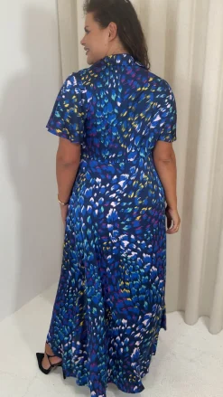 CurveWow Collared Wrap Printed Midi Dress Blue Animal