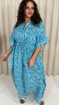 CurveWow Cotton Maxi Kaftan Blue Leaf
