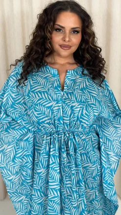 CurveWow Cotton Maxi Kaftan Blue Leaf