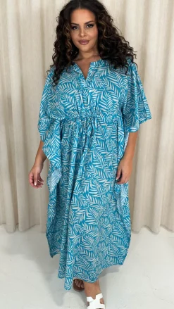 CurveWow Cotton Maxi Kaftan Blue Leaf