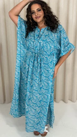 CurveWow Cotton Maxi Kaftan Blue Leaf