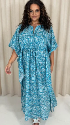 CurveWow Cotton Maxi Kaftan Blue Leaf