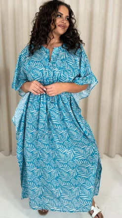CurveWow Cotton Maxi Kaftan Blue Leaf