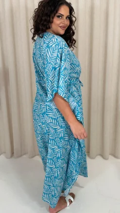 CurveWow Cotton Maxi Kaftan Blue Leaf
