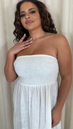 CurveWow Cotton Shirred Bandeau Midi Dress White