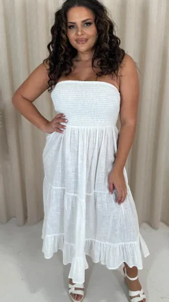 CurveWow Cotton Shirred Bandeau Midi Dress White